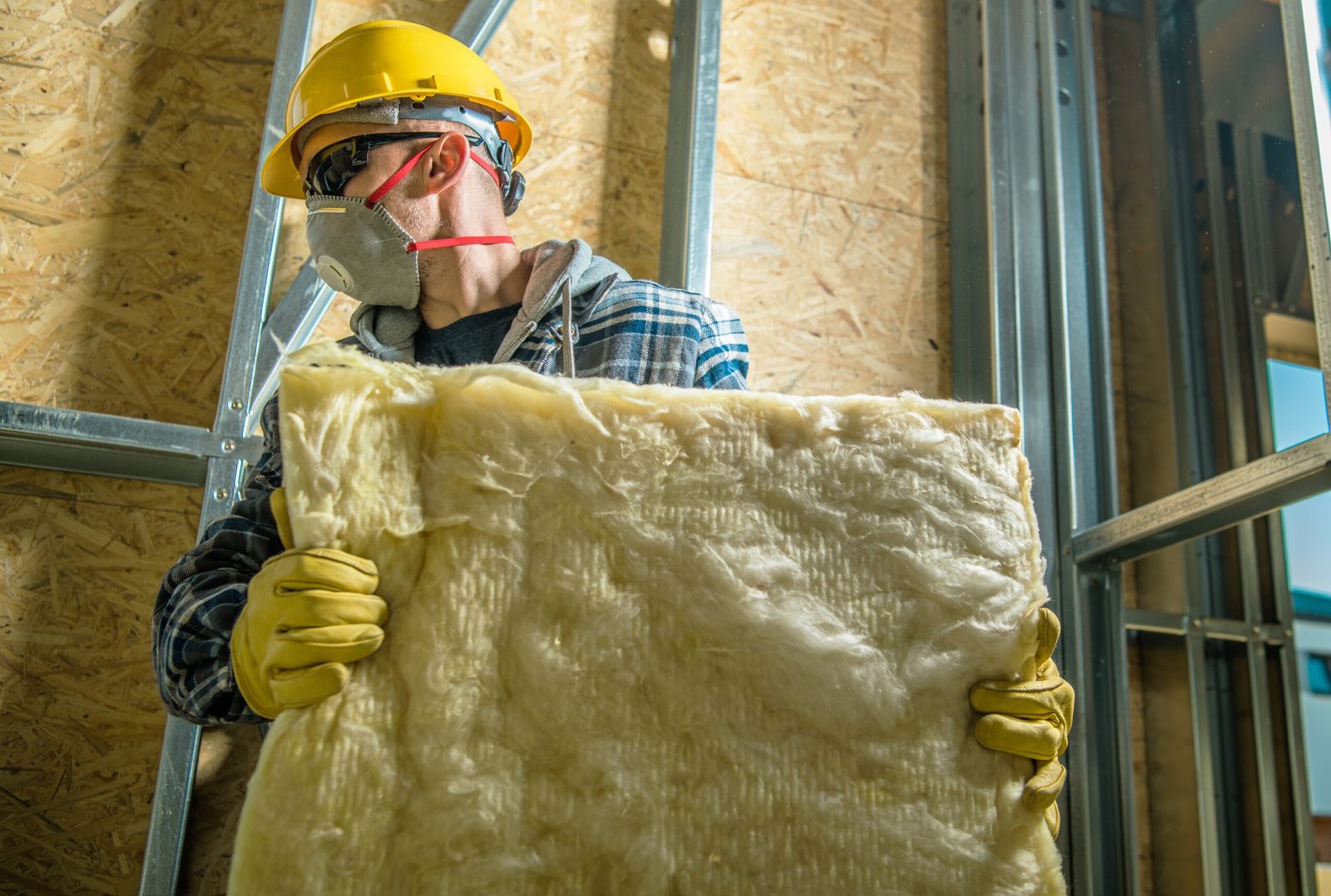 Caucasian Construction Worker Wearing Safety Mask Moving Pieces of Mineral Wool Insulation.