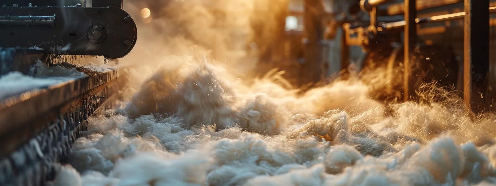 a close-up shot of soft, fluffy bison wool insulation being processed through carding, showcasing its natural insulating properties and quality production methods.