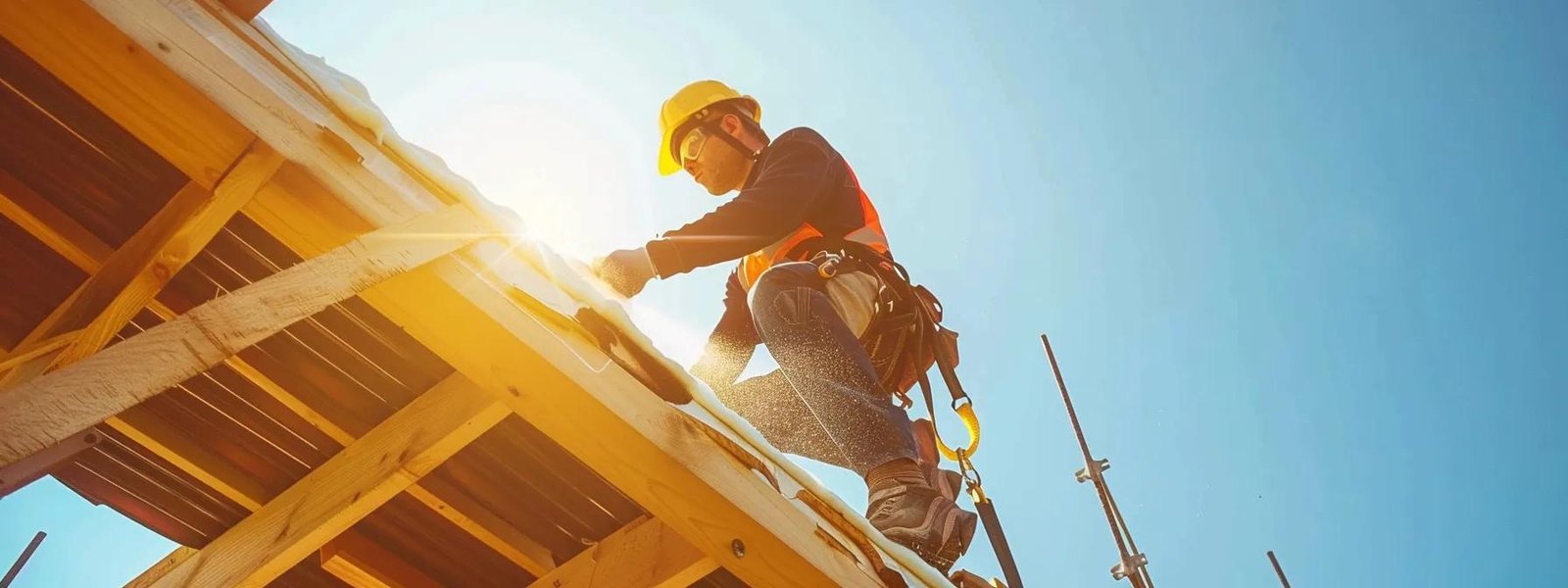 a construction professional carefully applying spray foam insulation to a roof, ensuring precision and effectiveness.