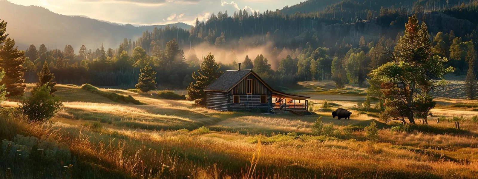 a peaceful landscape featuring a cozy cabin insulated with bison wool, showcasing its eco-friendly and sustainable properties.