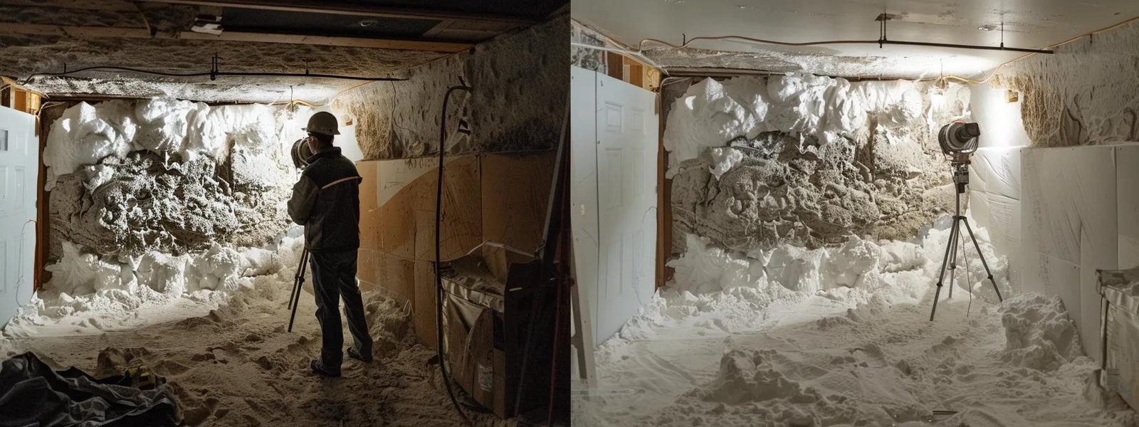 a professional inspecting open-cell and closed-cell spray foam insulation options in an ottawa home, carefully comparing their suitability for different areas like the basement to determine the best choice for optimal customer satisfaction and energy efficiency.