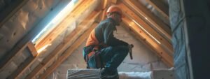 a worker in protective gear skillfully applying white spray foam insulation in a modern attic in ottawa.