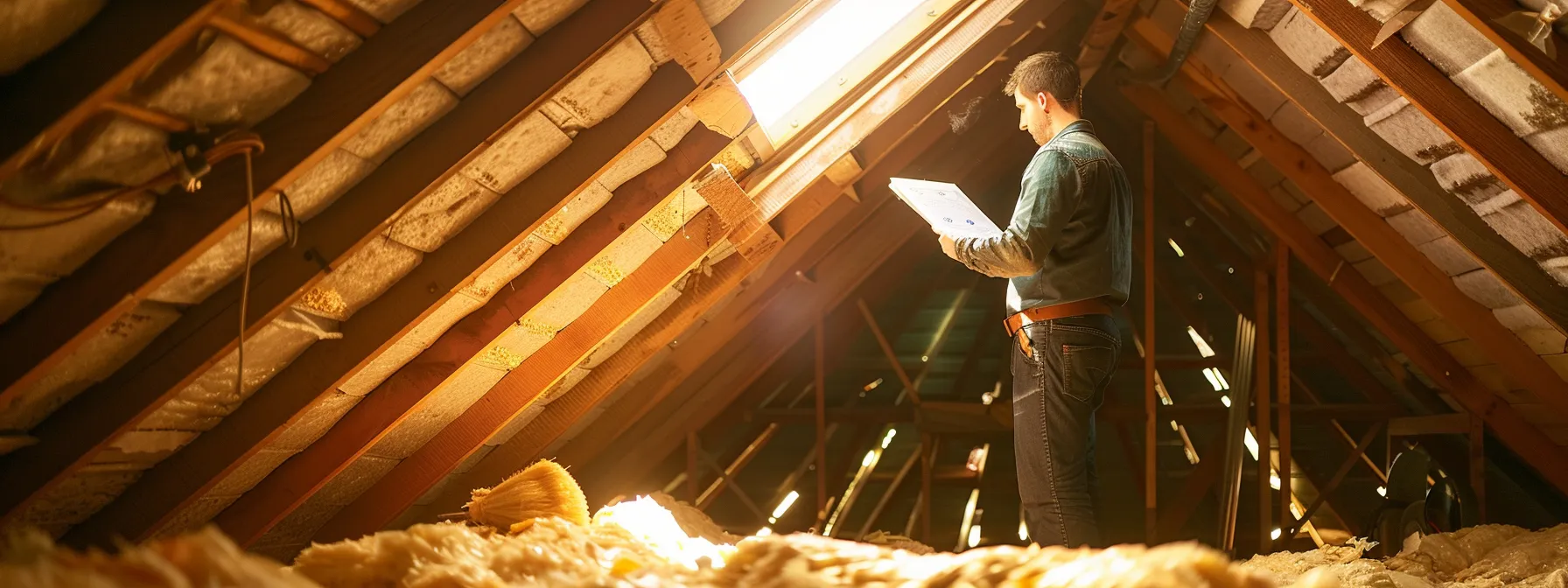 a homeowner examining certifications and customer testimonials while standing in a well-insulated attic, surrounded by energy-efficient materials and tools.