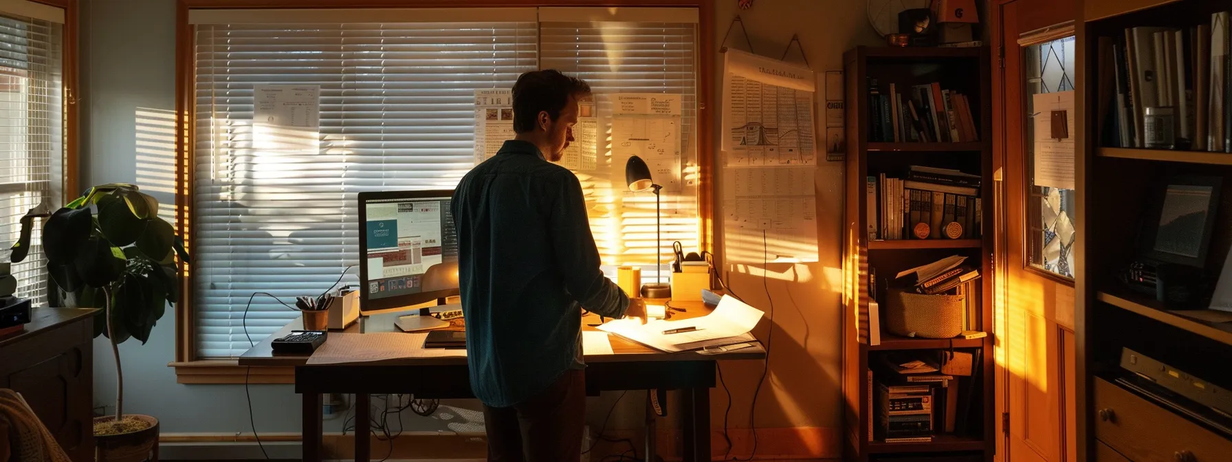 a homeowner reviewing detailed contractor quotes in a well-lit room filled with charts, graphs, and energy-efficient insulation samples.