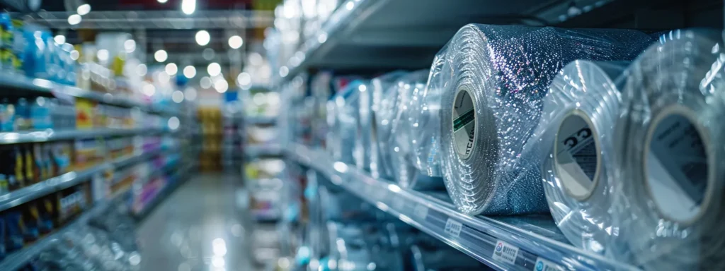 a roll of shiny, silver insulation material displayed on a store shelf.