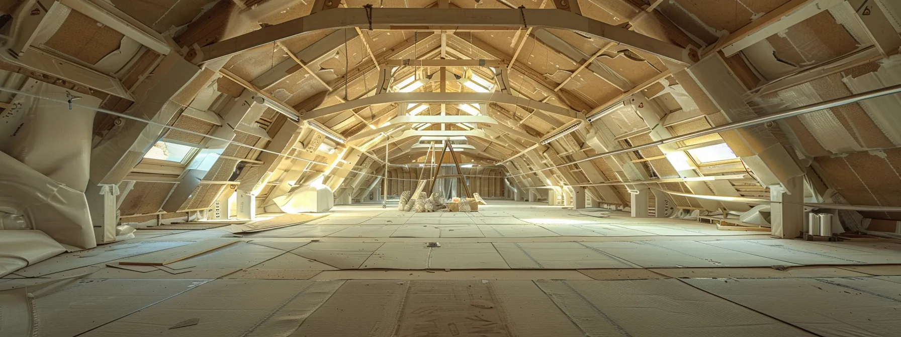 a spacious attic with complex trusses and cathedral ceilings being expertly insulated, showcasing various factors influencing attic insulation costs.