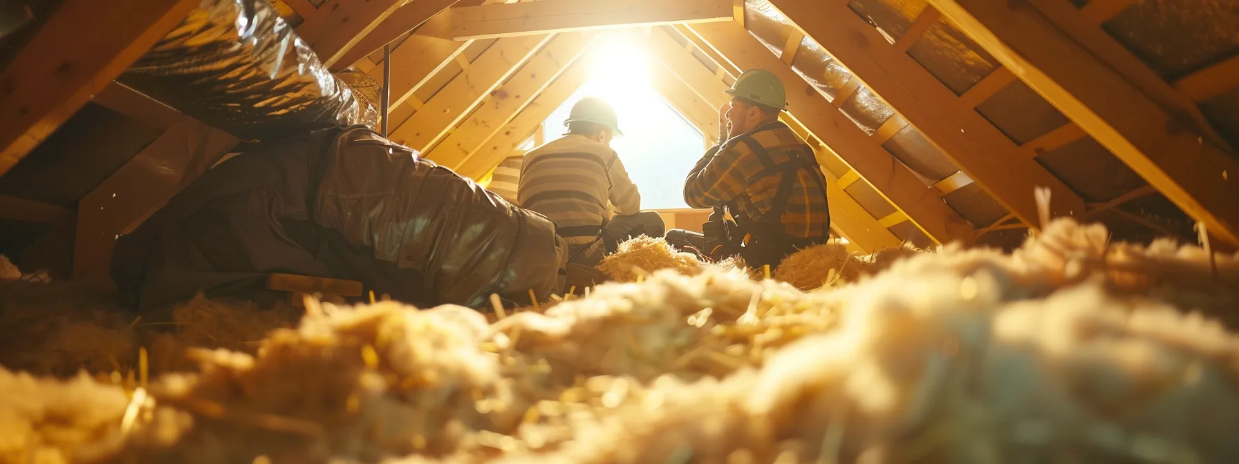 a team of dedicated insulation contractors working diligently in a cozy attic space.