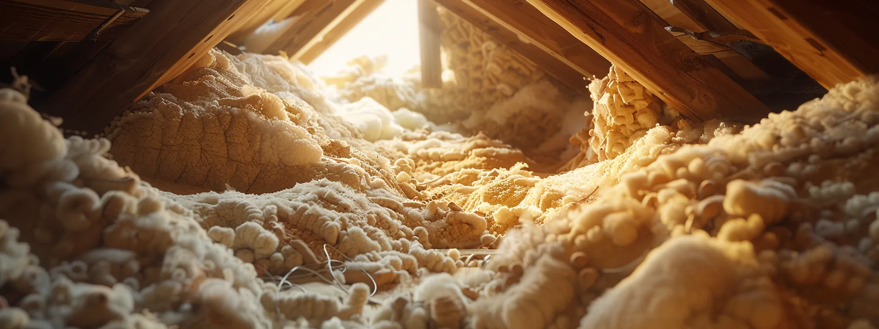 an attic filled with snug, seamless blown-in insulation, showcasing a barrier against water and moisture, ensuring energy efficiency and comfort.