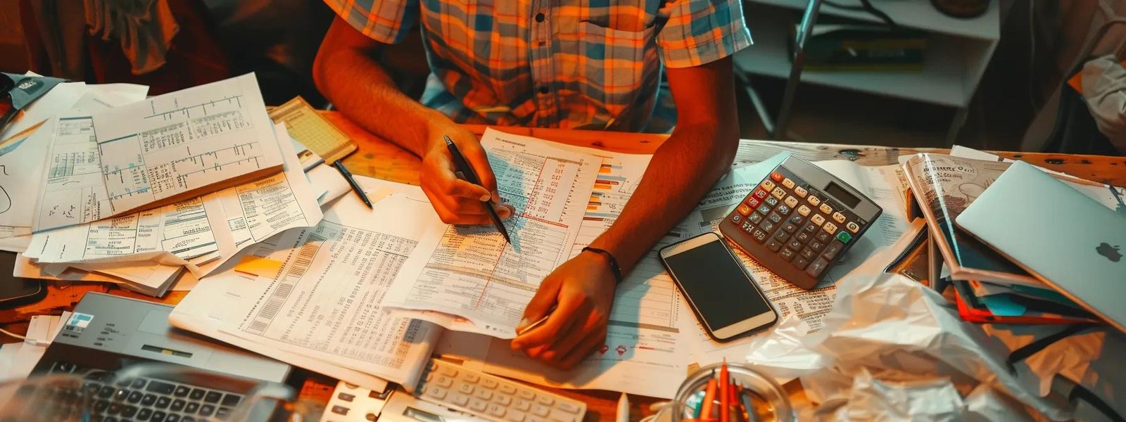 a person meticulously comparing detailed quotes and pricing options at a cluttered desk filled with paperwork and calculators.