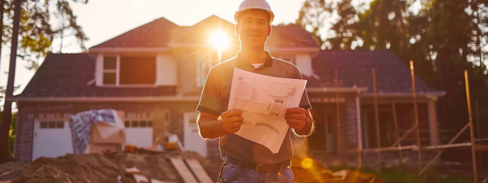 a professional contractor holding up a license, certification, and insurance documents standing confidently in front of a house ready for insulation work.