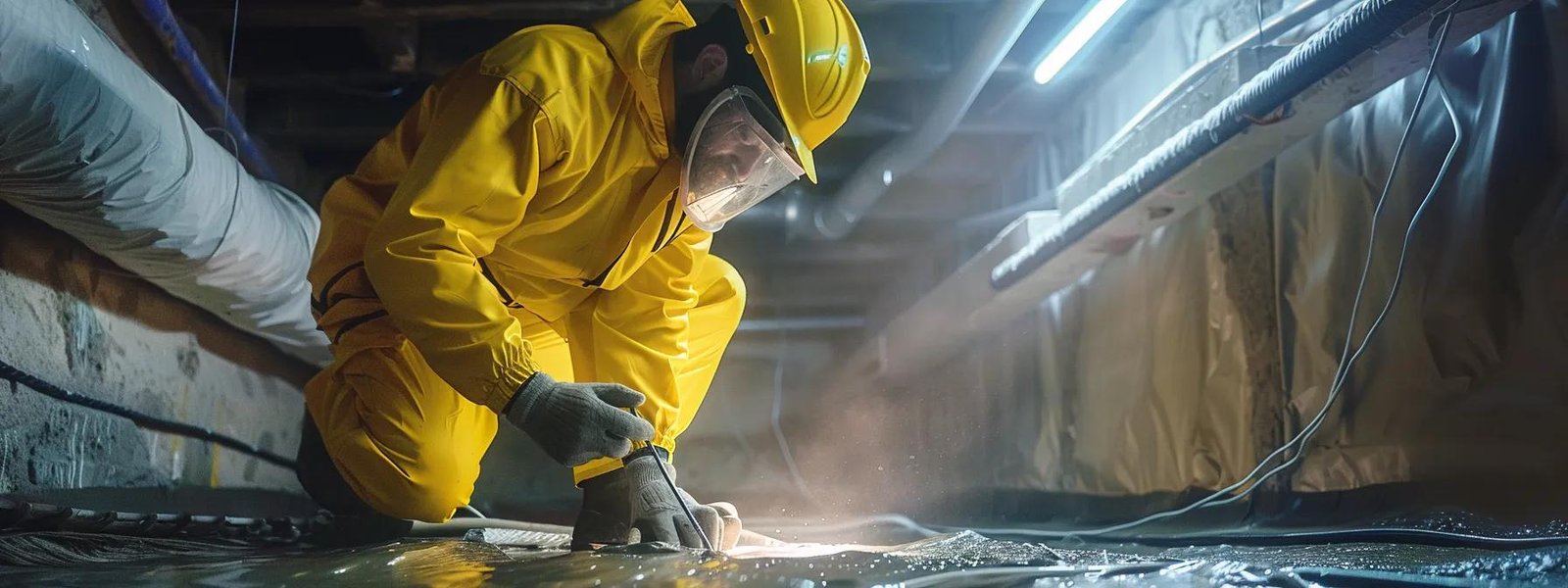 a professional worker in a bright yellow uniform expertly installing foam insulation in a crawl space, showcasing years of experience and knowledge in the industry.