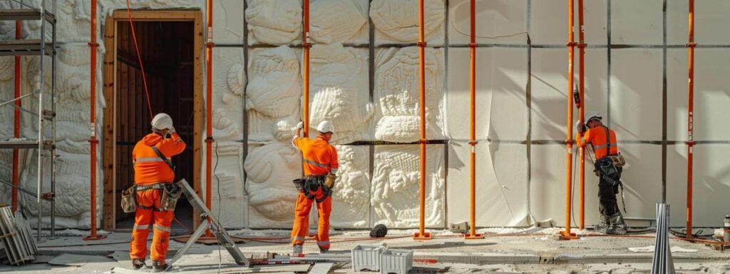 a team of workers clad in bright orange uniforms apply layers of thick, white foam insulation to the walls of a modern house under construction.