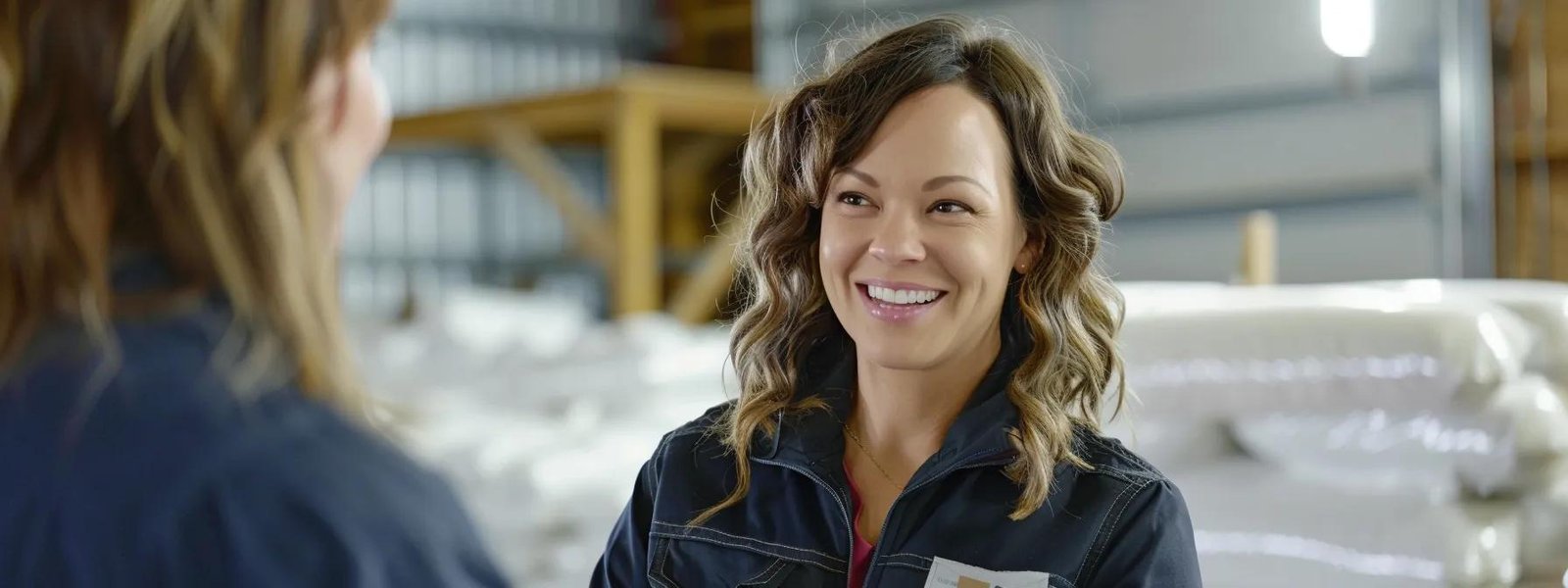 professional woman smiling while receiving exceptional customer service and support from a foam insulation company representative.